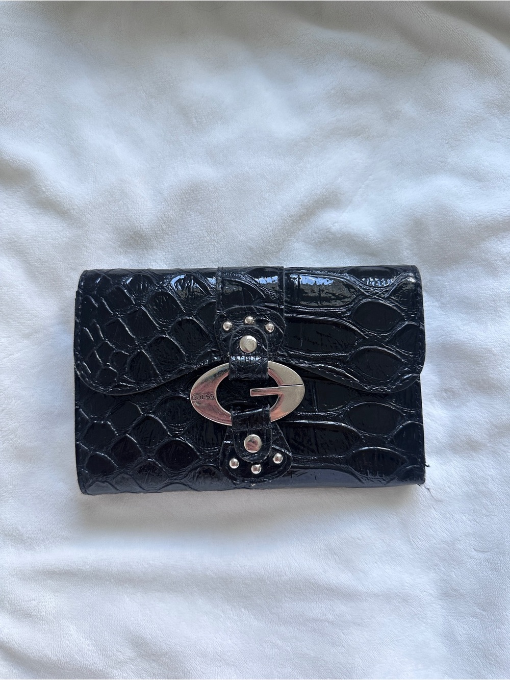 Guess Y2K Patent Croc-Embossed Black Wallet